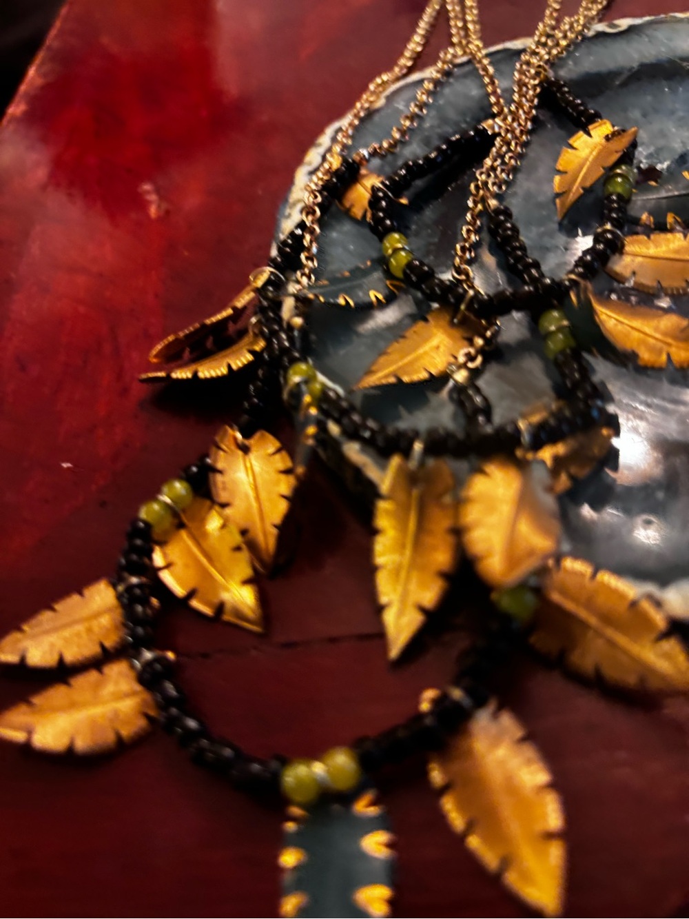 Coldwater Creek Gold Leaf Hoop Necklace with Olive Accents